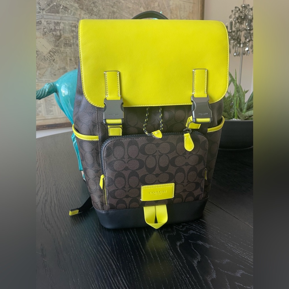Coach Track Backpack In Colorblock Signature Canvas Brown & Yellow NWT